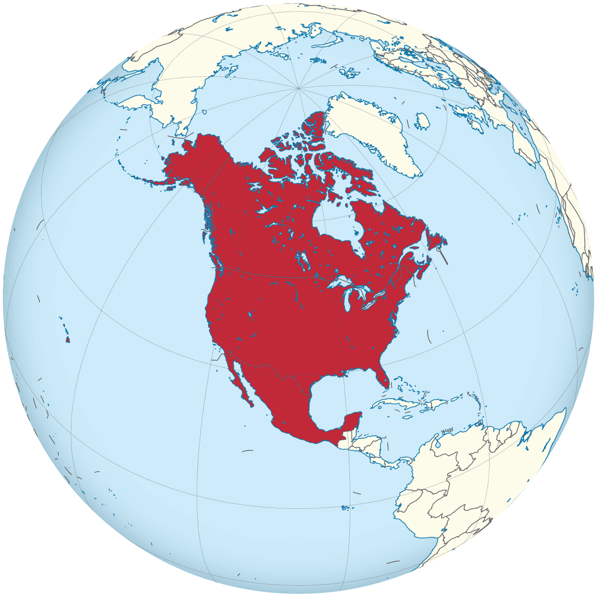 Mapa de América del Norte con Canadá, Estados Unidos y México destacados en rojo sobre fondo azul claro.