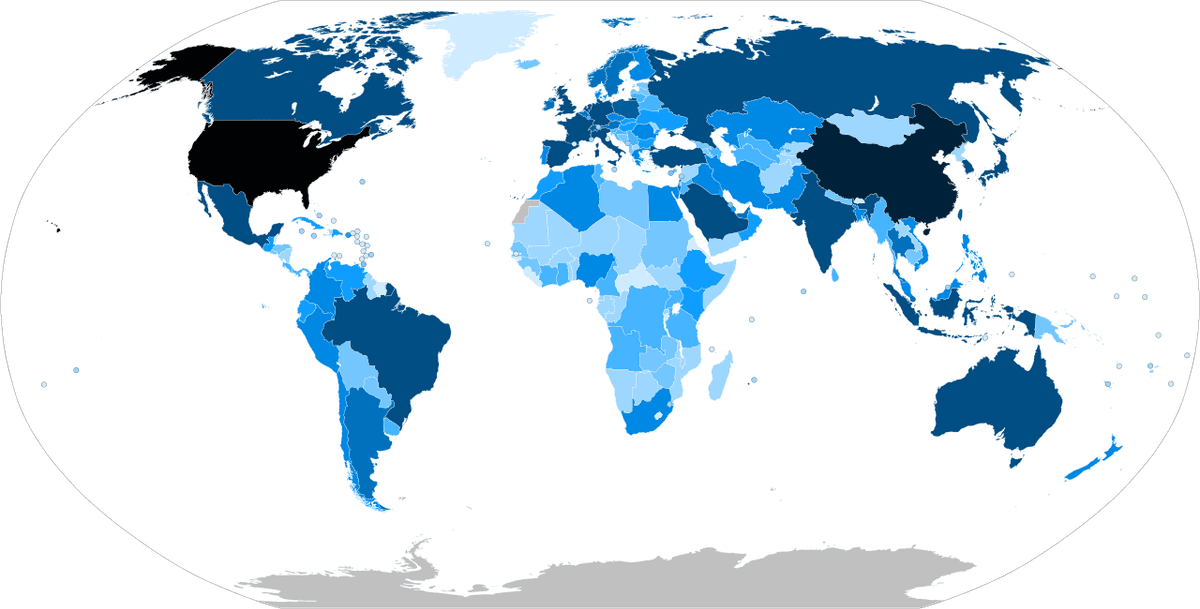 Mapa mundial con países coloreados en diferentes tonos de azul, sin leyenda visible de indicadores económicos.