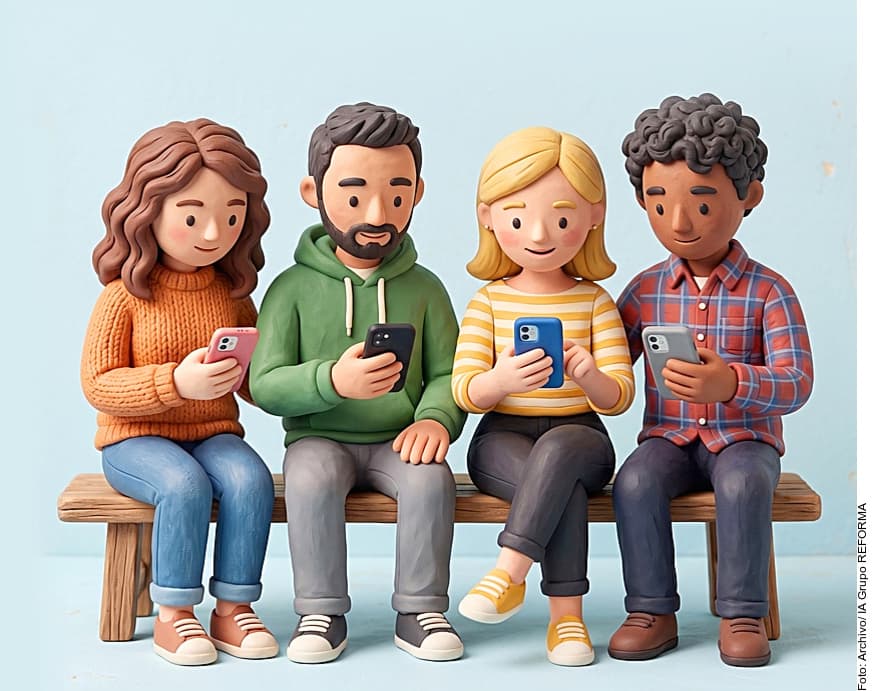 Ilustración de cuatro personas sentadas sosteniendo teléfonos móviles con diferentes modelos y colores.