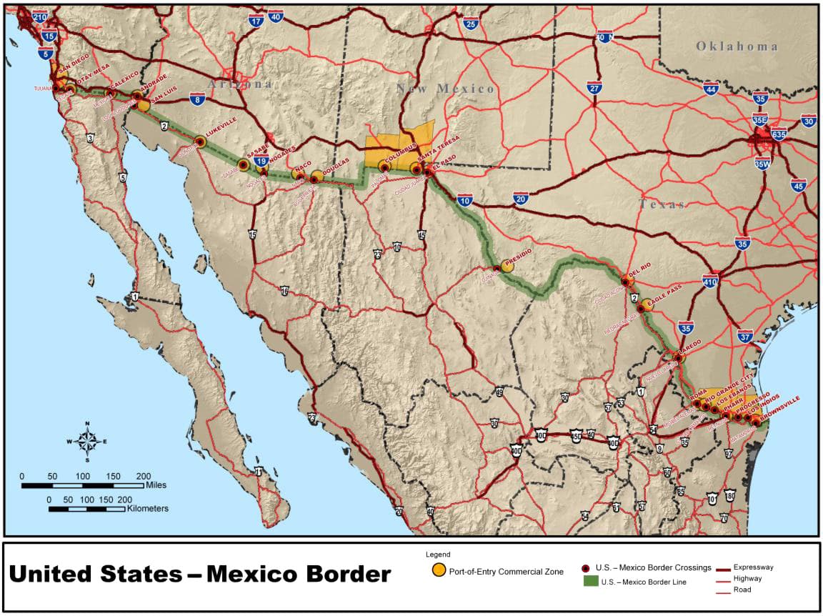 Mapa de la frontera entre Estados Unidos y México mostrando cruces fronterizos, línea limítrofe y zonas comerciales de entrada, con énfasis en Texas y Tamaulipas.